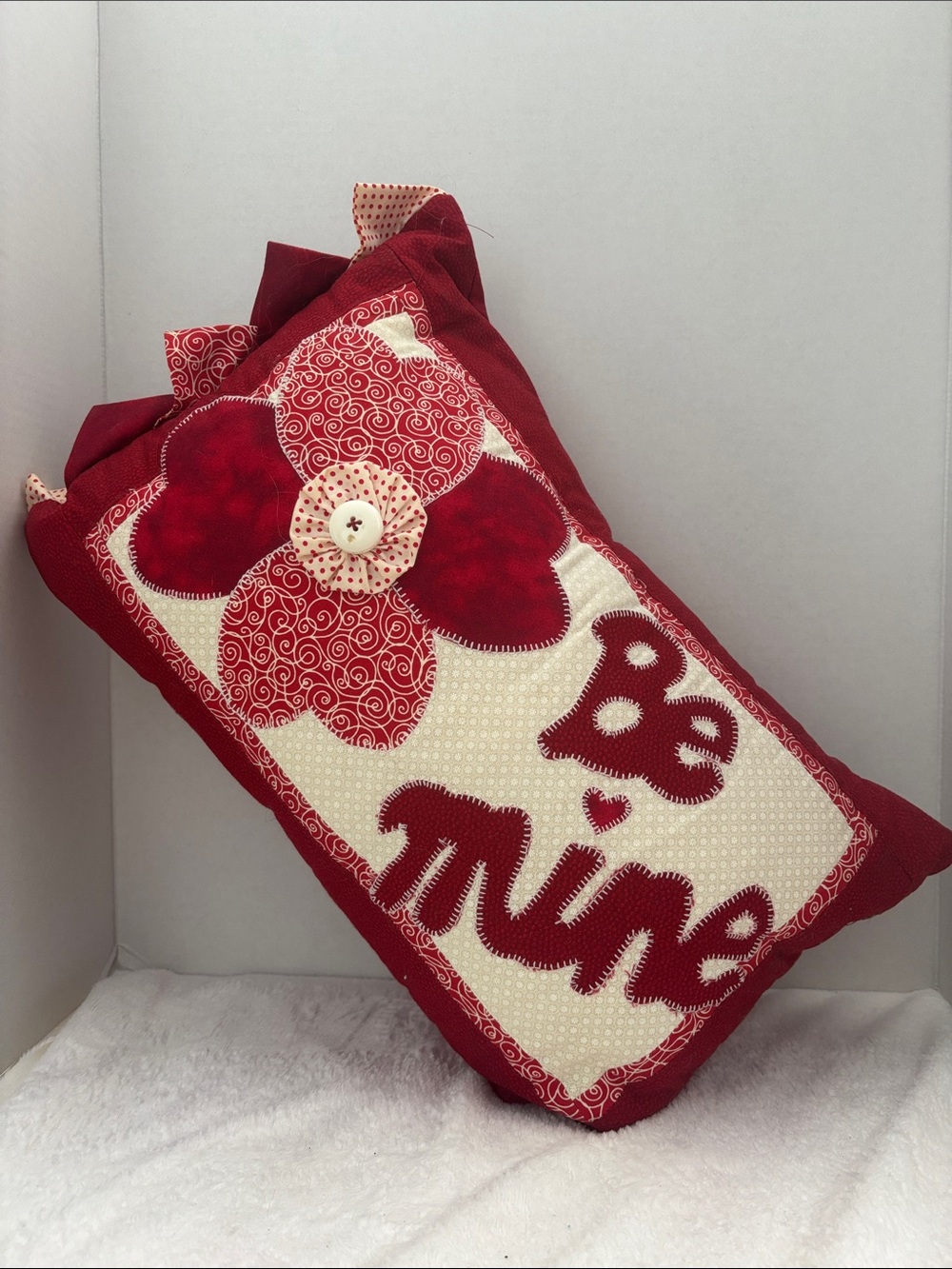 Hand Crafted Red and Cream 'Be Mine' Appliqué Pillow
